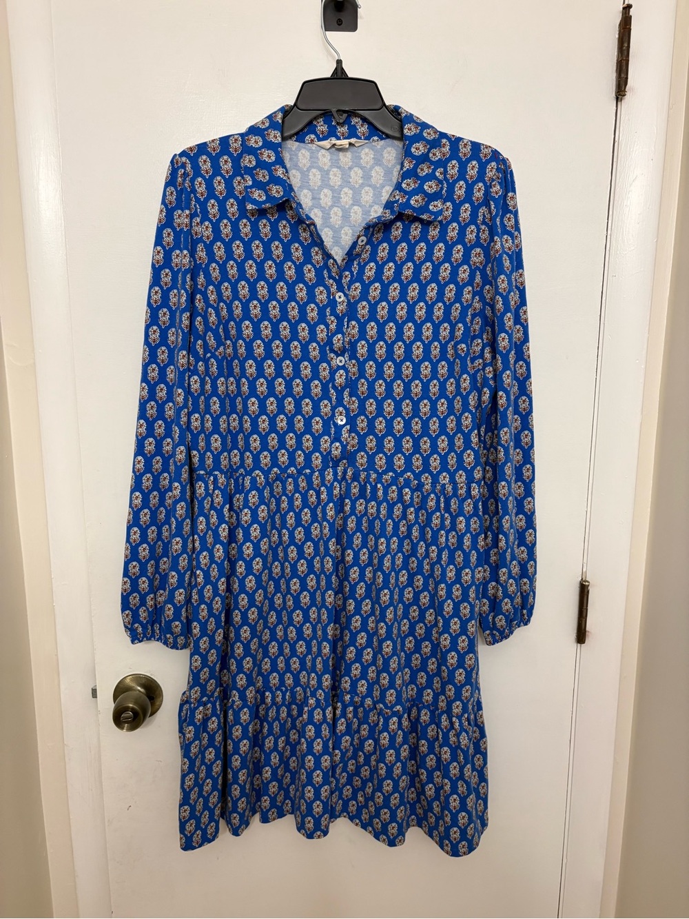 Boden Jemima Tiered Shirt Dress Blue Cotton Tencel Long Sleeve Bud Floral Sz 14R